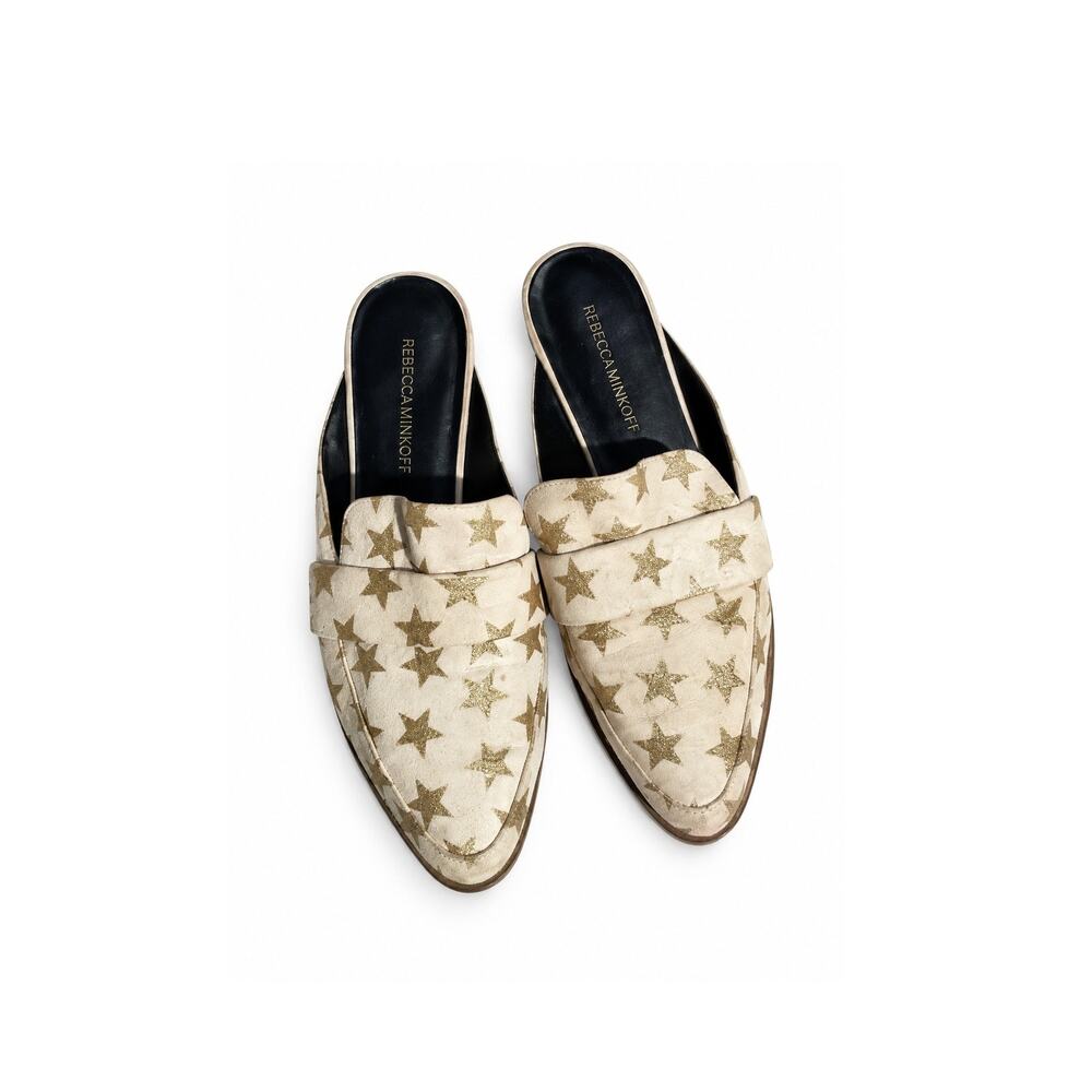 Rebecca Minkoff Vintage Y2K Beige Suede Gold Star Almond Toe Mule Loafer Slides